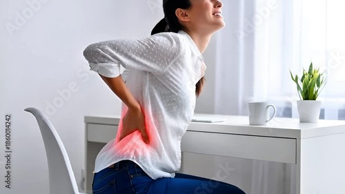 Woman Suffering From Lower Back Pain While Sitting at Home Office Desk, Spine Pain and Poor Posture Concept