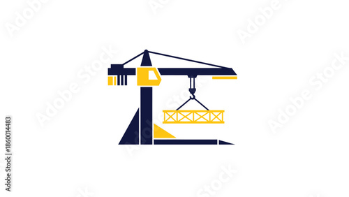 Construction crane lifting concrete block, industrial building site concept, vector illustration.