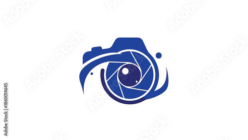 Creative blue camera logo design with abstract lens and artistic elements.