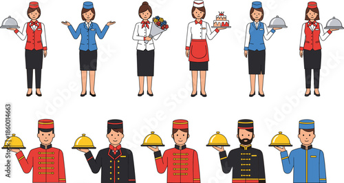 Hotel service staff vector set featuring bellboys waiters and flight attendants carrying food trays and flowers isolated on a white background.