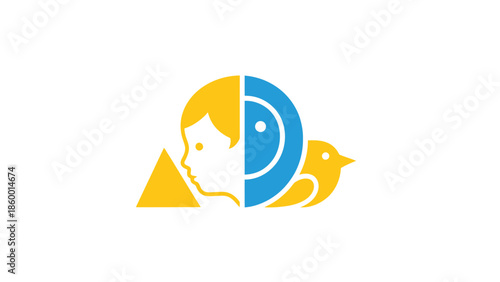 Creative logo design featuring a childs face, eye, bird, and triangle, symbolizing vision and growth.