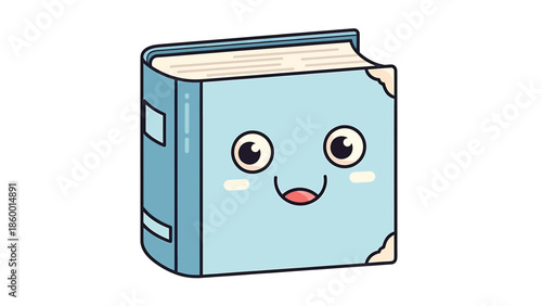 Cute cartoon book with a happy face and adorable expression, smiling widely.