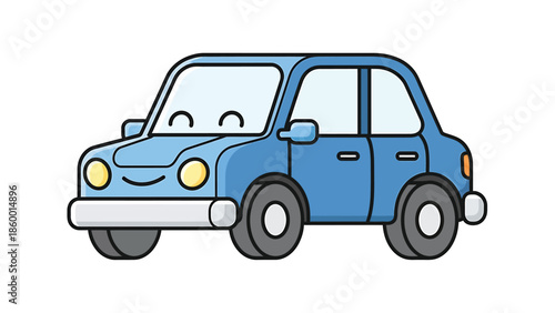 Cute cartoon blue car with smiling face, perfect for childrens illustrations and designs.