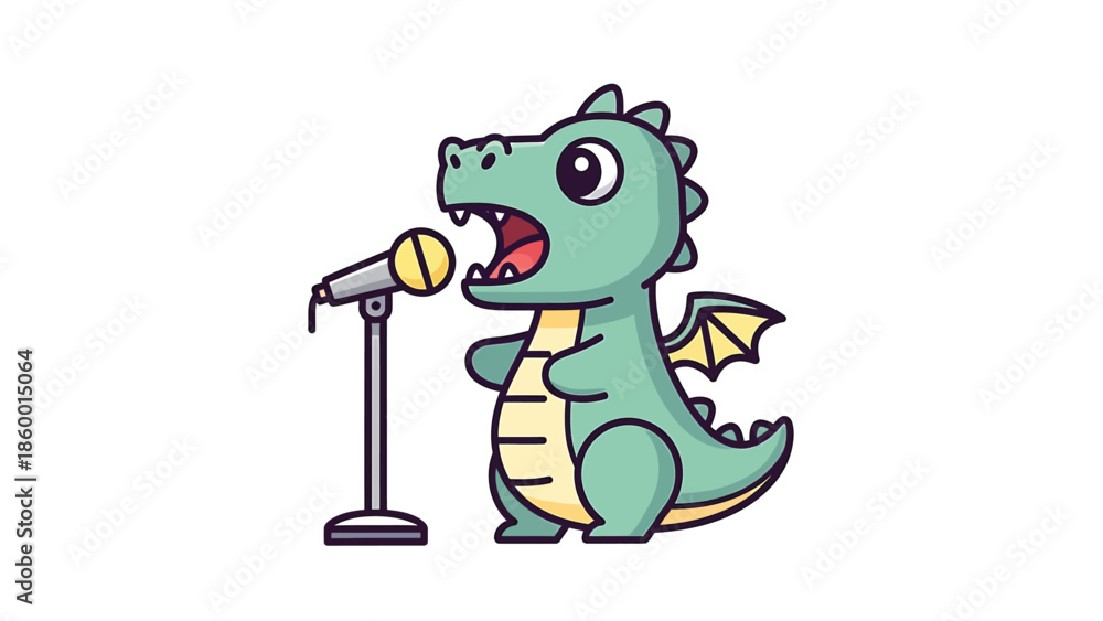Fototapeta premium Cute cartoon dragon singing into a microphone with open mouth and wings.