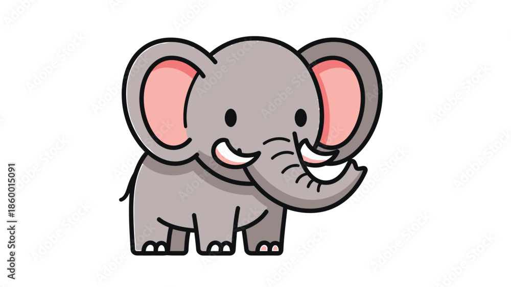 Fototapeta premium Cute cartoon elephant with big ears and long tusks standing proudly.