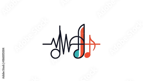 Creative music logo design with a musical note and sound wave, representing audio.