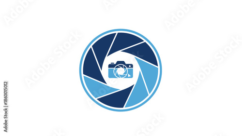 Creative photography logo design featuring a camera lens aperture concept, perfect for photographers.