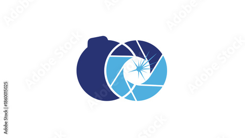 Creative photography logo design featuring a camera lens and a unique shape.