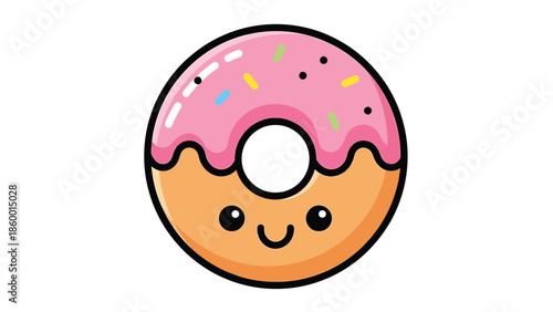 Cute cartoon donut with pink icing and colorful sprinkles, smiling happily.
