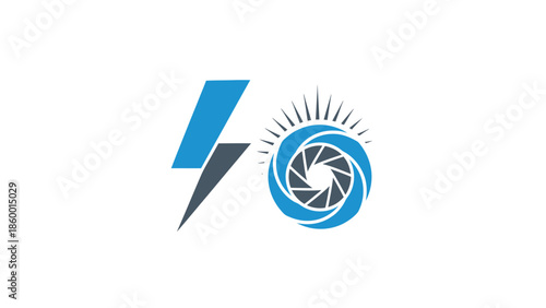 Creative photography logo featuring a lightning bolt and camera lens design.
