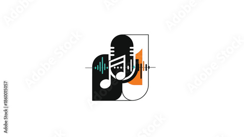 Creative podcast logo design featuring a microphone and musical notes, audio recording concept.