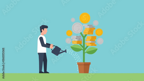 Man Nurturing Money Tree Illustrating Financial Growth and Investment Strategy