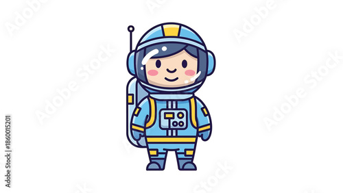 Cute cartoon astronaut character in a blue space suit smiling happily.