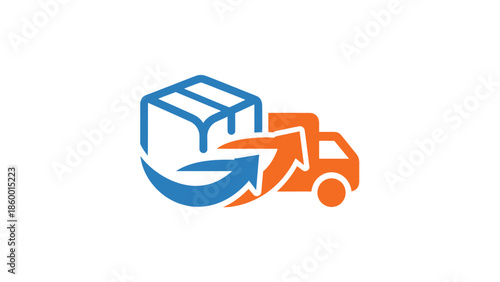 Delivery service logo featuring a box and a truck with arrows indicating movement and transport.