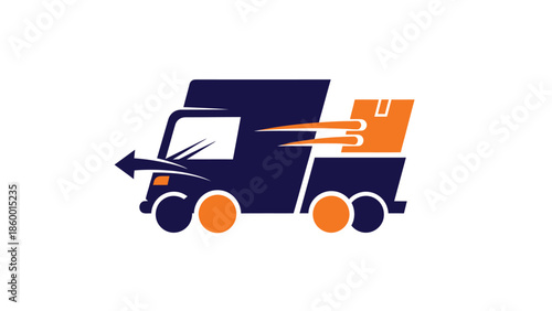 Delivery truck logo with speed lines and a package ready for transport.