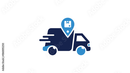 Delivery truck with location pin, indicating shipping and logistics services.
