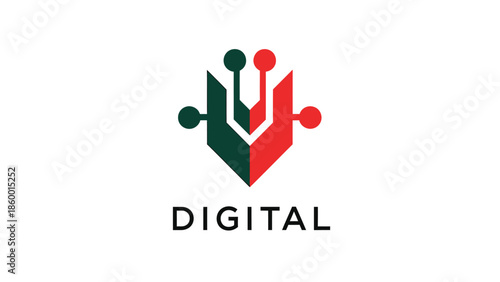 Digital technology logo design with abstract shapes and connected dots for innovative concepts.