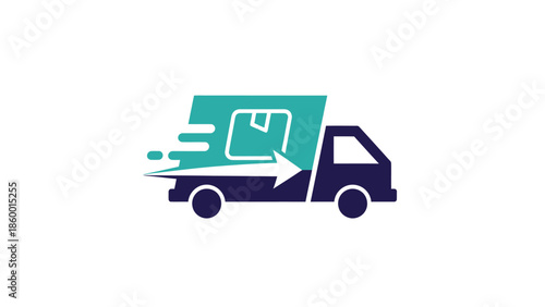 Delivery truck logo with a box and arrow, representing fast shipping and logistics.