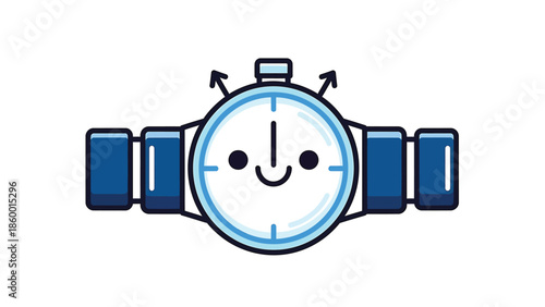 Cute cartoon stopwatch with a happy face and blue wristband, time concept.