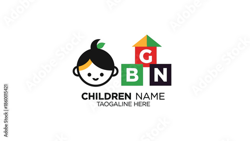 Cute logo design featuring a smiling childs face and colorful building blocks.