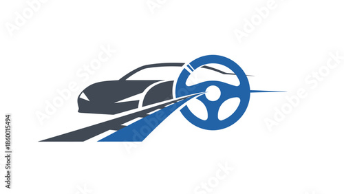 Driving concept logo featuring a car, steering wheel, and road elements, representing automotive industry.