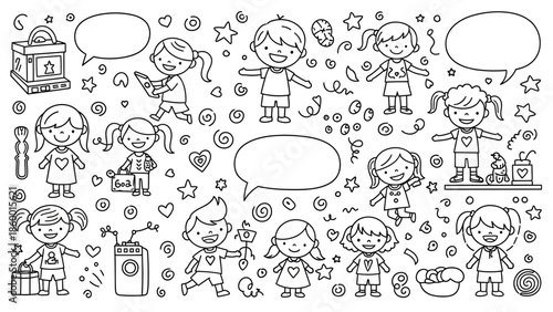 A delightful collection of hand-drawn cartoon children engaged in various playful activities, surrounded by whimsical elements like stars and speech bubbles.