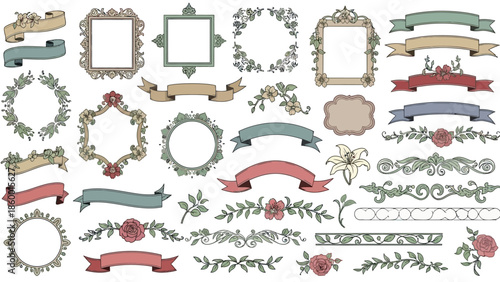 A diverse collection of vintage floral and ribbon design elements for graphic design and scrapbooking.