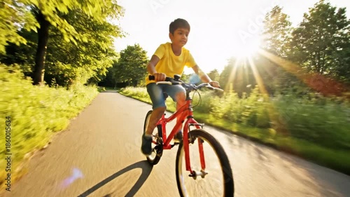 Young boy cycling on a sunny day through a tree-lined path, enjoying outdoor activity.
