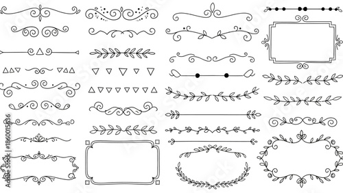 A collection of decorative hand-drawn ornamental dividers and frames, perfect for graphic design and scrapbooking projects.