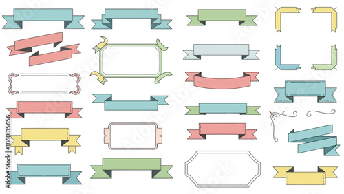 A collection of various decorative ribbon banners and frames in pastel colors, suitable for graphic design and scrapbooking.