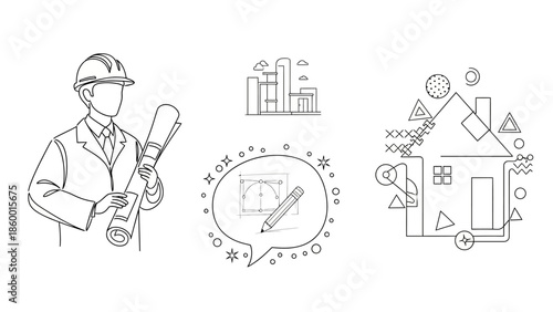 Architectural design and construction illustration featuring an engineer with blueprints, city skyline, and a house schematic with geometric elements.