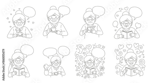 Collection of eight line art illustrations depicting an elderly woman engaged in various activities like reading, drinking tea, and enjoying hobbies, each with a speech bubble.