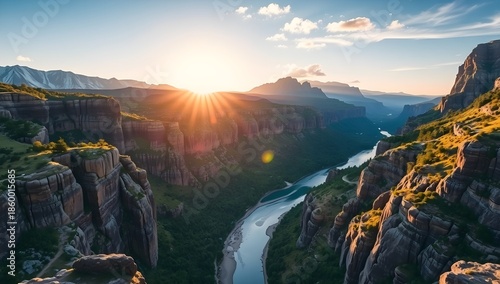 Majestic Grand Canyon Landscape with Colorado River at Sunset. Scenic Red Rock Cliffs View