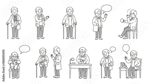 Collection of cartoon illustrations depicting an elderly male doctor in various poses and actions, including standing with a cane, sitting, and interacting with medical equipment.