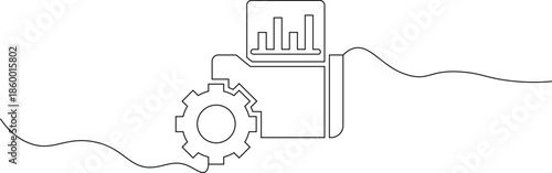 A simple line drawing of a gear connected to a bar graph on a screen