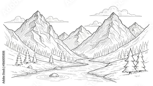 Detailed Black and White Mountain Landscape with River and Trees.