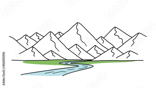 Simple Black and White Mountain Range with River Illustration.