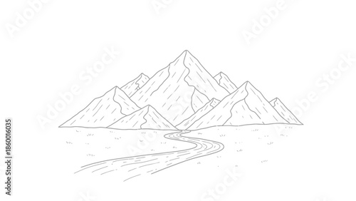 Hand-drawn mountain range with river illustration in simple minimalist style.