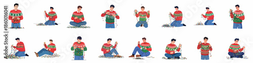 Funny Character Set: Man Struggling to Untangle Christmas Lights. Holiday Decoration Frustration and Preparation Process Vector Illustration.
