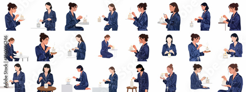 Collection of women illustrations in pajamas lighting scented candles for relaxation, wellness, and self-care routines.
