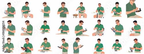 Vector collection of a man inserting, removing, and charging batteries in remote controls, calculators, and various electronic devices.