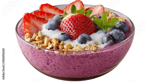 Healthy muesli with fresh berries, yogurt, nuts, and seeds served in a bowl isolated on white background