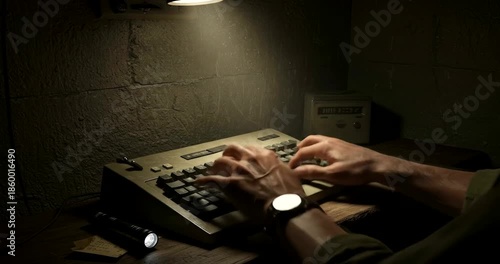 Morse Code Operator Transmitting Message in Dark Room.