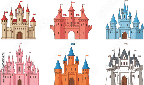 Fairytale castle vector set with colorful royal palaces magic medieval fortresses and fantasy kingdom towers isolated on white background for children story illustration