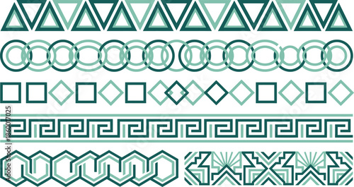 Geometric border patterns collection with triangles circles squares Greek key and hexagon 
designs in teal and gray color scheme for decorative frames ethnic ornamental elements and 
classic architect