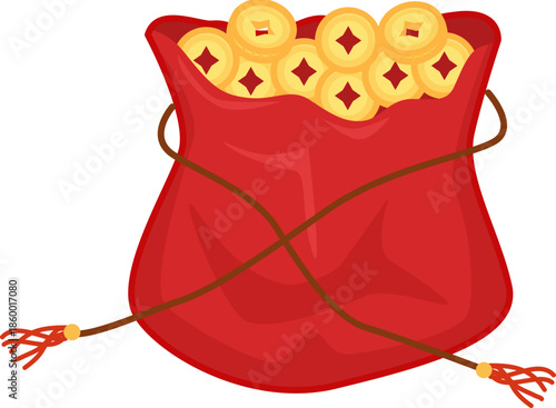 Red lucky money bag filled with gold elements in flat outline fill style. Represents wealth and good fortune.