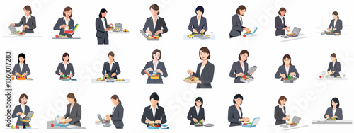 Collection of businesswomen illustrations preparing and packing healthy bento box lunches, emphasizing mindful eating during the workday.