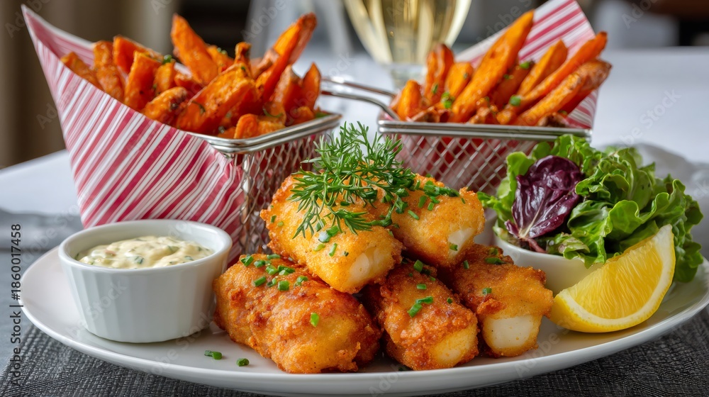 Fototapeta premium Fried fish fingers with sweet potato fries and dipping sauce