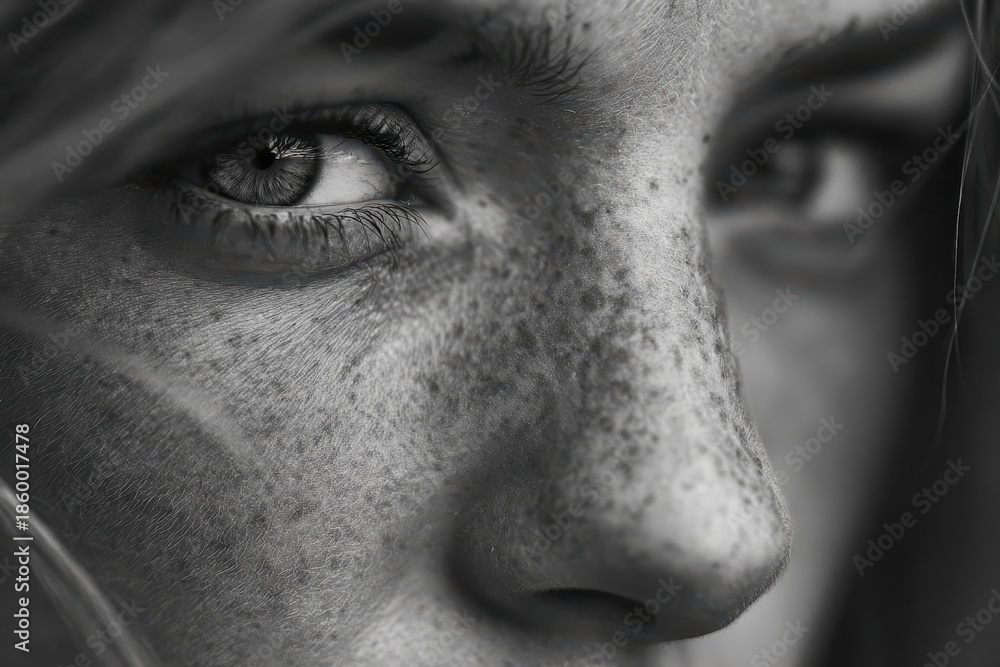Naklejka premium Emotional close-up of a person expressing deep feelings captured in a realistic black and white style showcasing intricate details of facial features