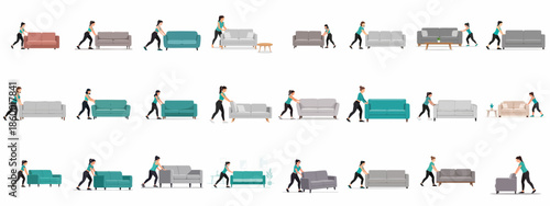 Woman moving sofa collection: various illustrations of a young female pushing couches for home rearrangement, renovation, or relocation concept.